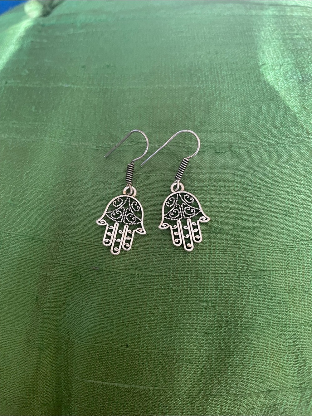 Silver Hamsa Hand Dangle Earrings - Lightweight Women Jewelry - Picture 2 of 2